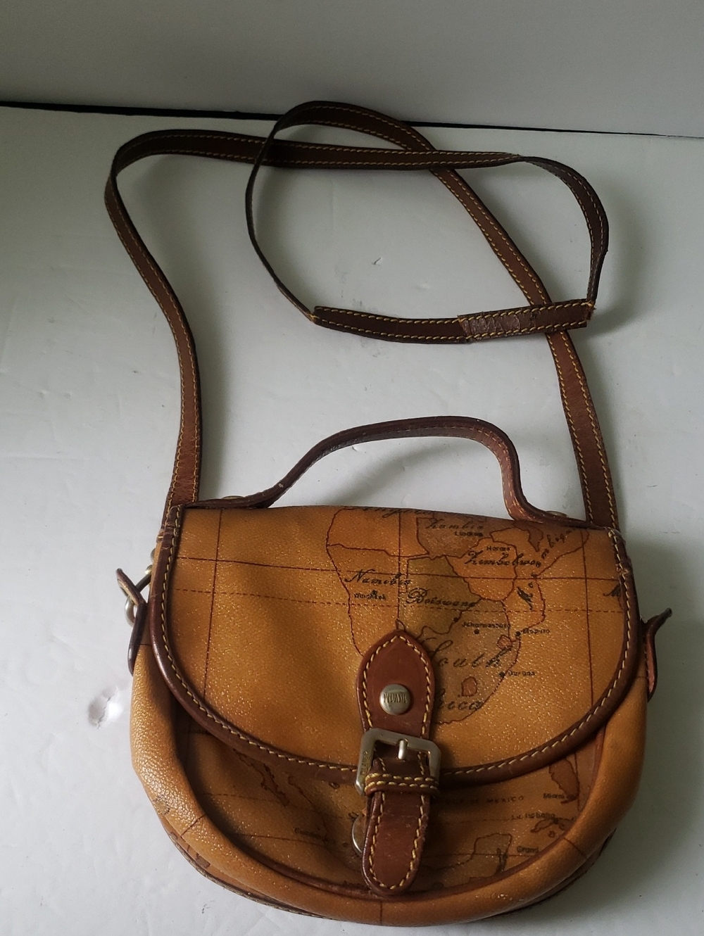 Alviero Martini 1st Class Global Map Bag Leather Tan Vintage